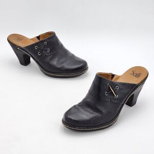 Sofft Y2K Eliza Criss Cross Black Leather Slip On Heeled Clogs Mules Size 8.5